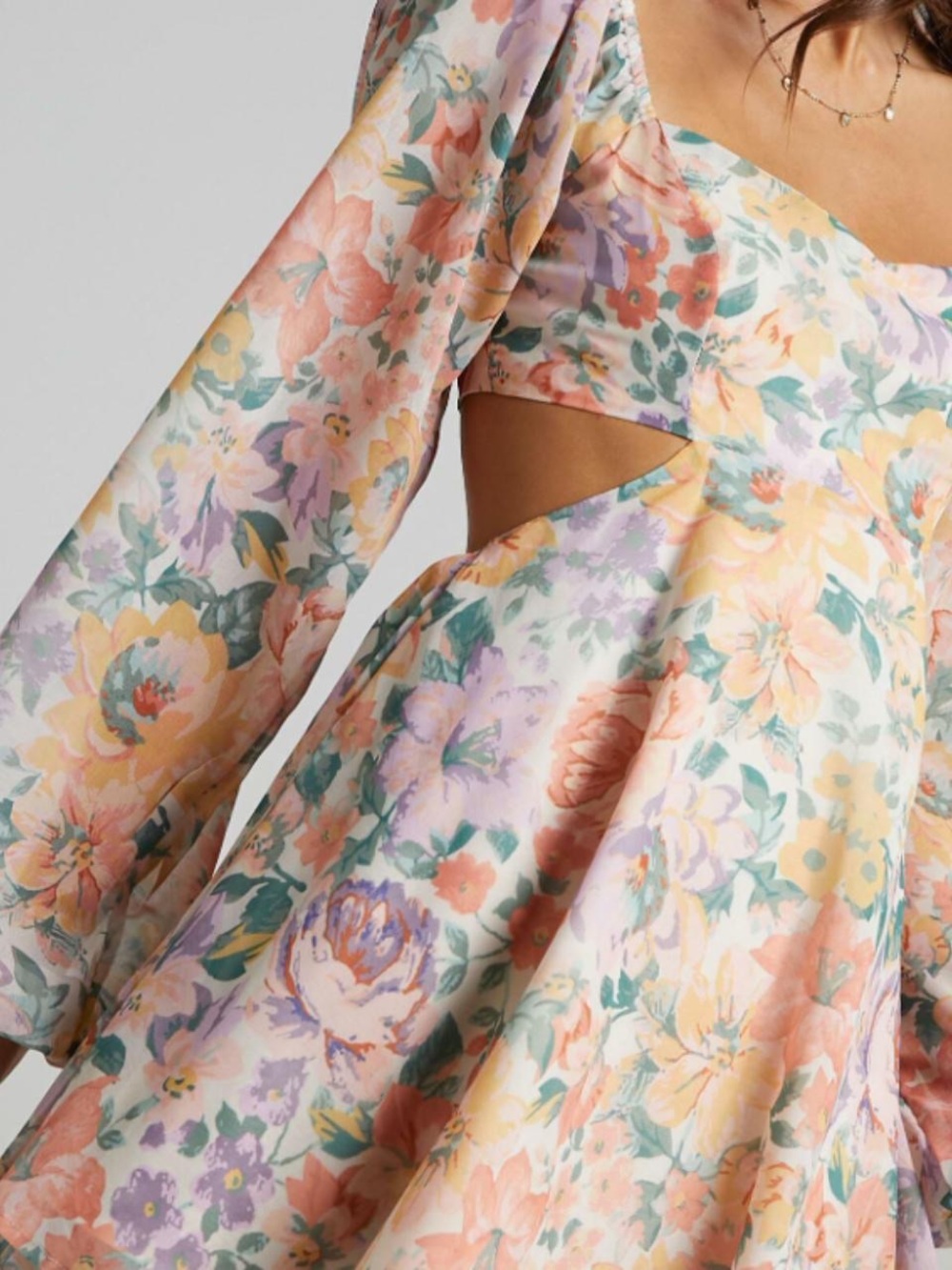 Showpo Pastel Floral Long Sleeve Maxi Dress with Side Cutout